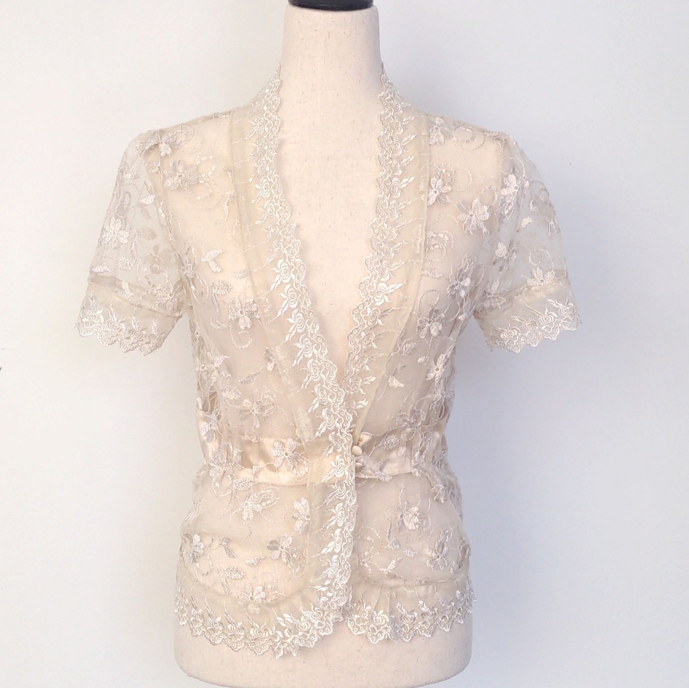 Delicate Floral Lace & Satin Cardigan, Cream